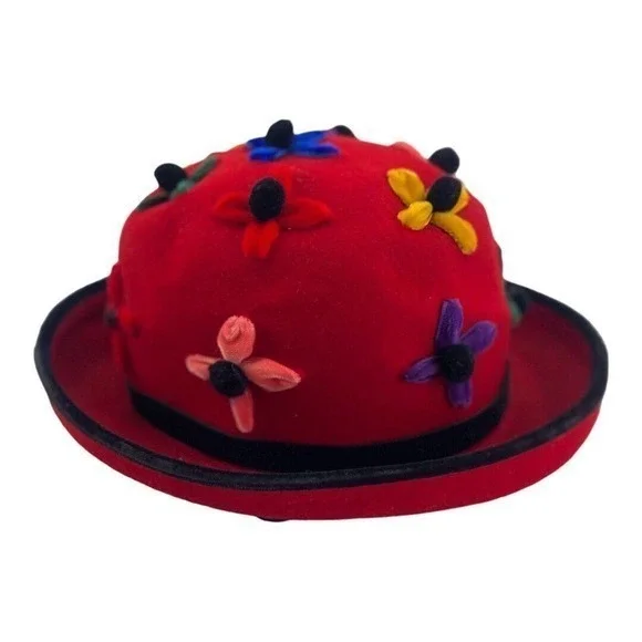 Whittaker & Shon 100% Doeskin Wool Red Felt‎ Hat Velvet Flowers Made In USA - Picture 9 of 15